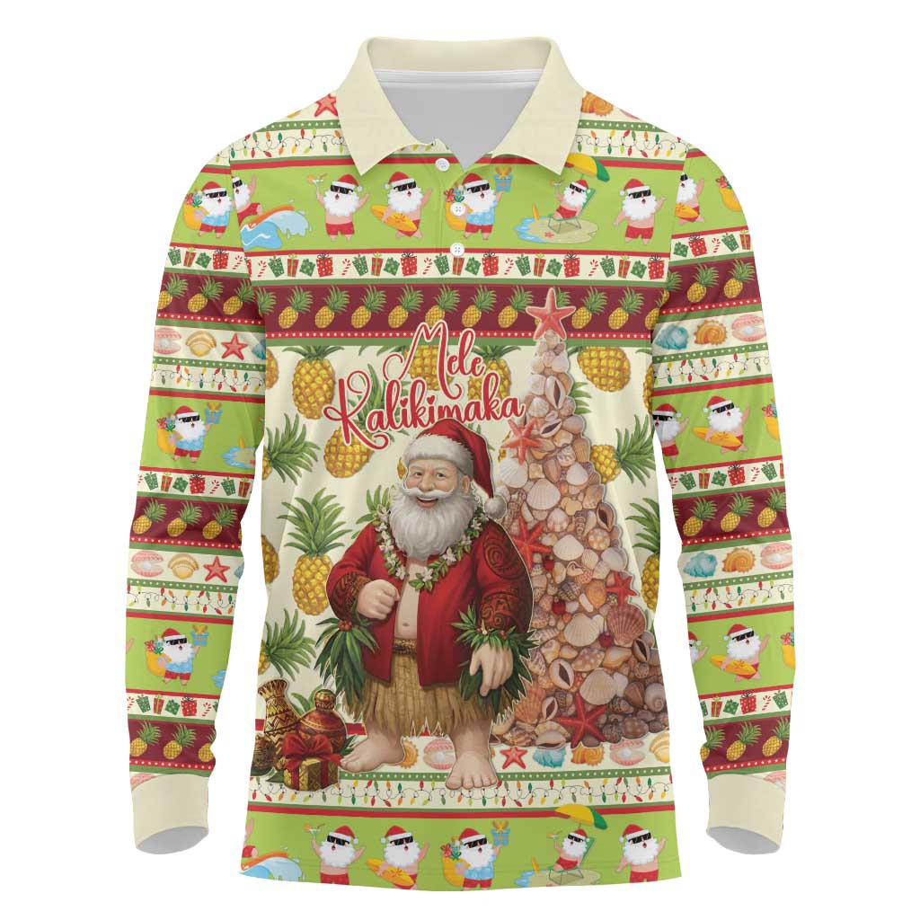 Hawaiian Santa Aloha Pineapple Christmas Long Sleeve Polo Shirt Mele Kalikimaka LT15 Cream - Polynesian Pride
