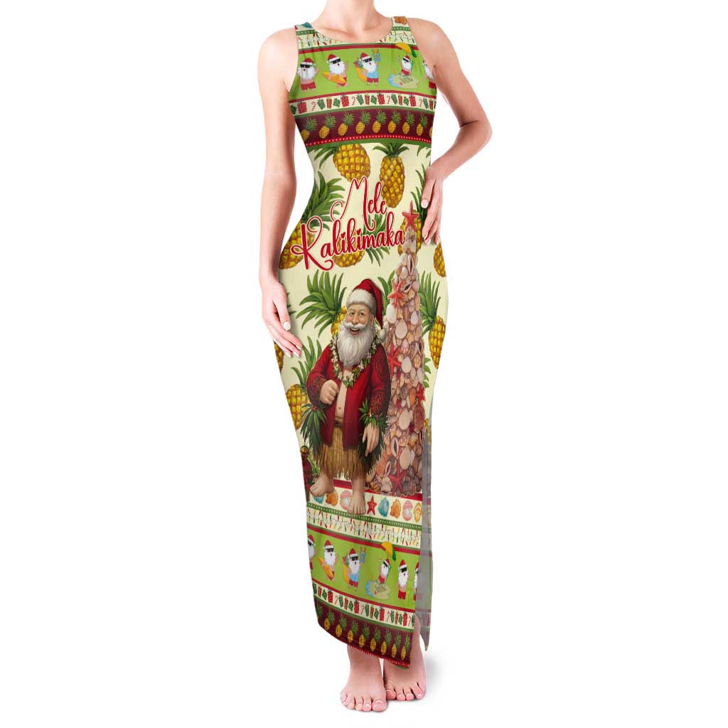 Hawaiian Santa Aloha Pineapple Christmas Tank Maxi Dress Mele Kalikimaka LT15 Women Cream - Polynesian Pride