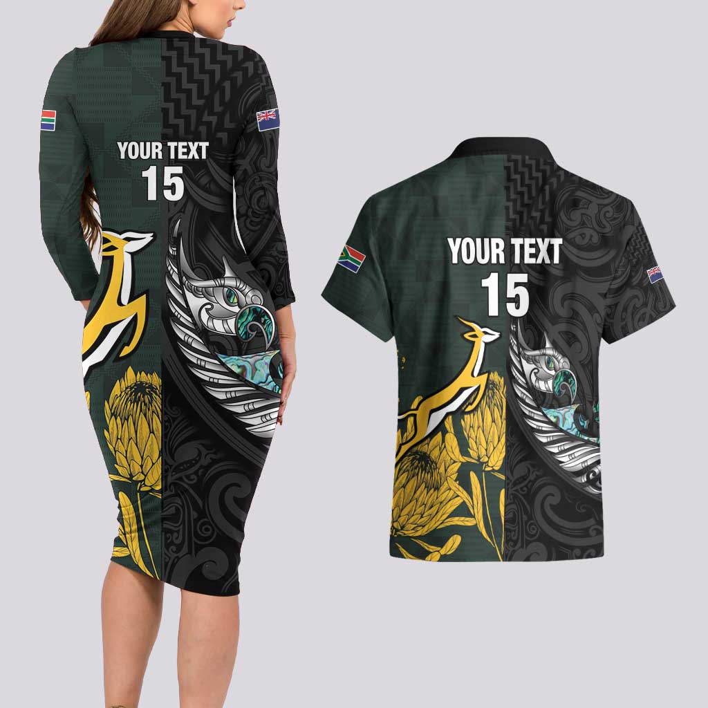 New Zealand and South Africa Rugby Custom Couples Matching Long Sleeve Bodycon Dress and Hawaiian Shirt Silver Fern With Springboks