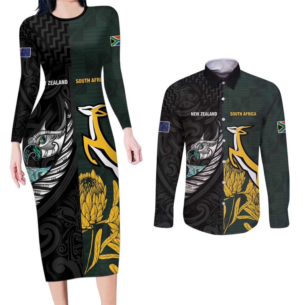 New Zealand and South Africa Rugby Custom Couples Matching Long Sleeve Bodycon Dress and Long Sleeve Button Shirt Silver Fern With Springboks