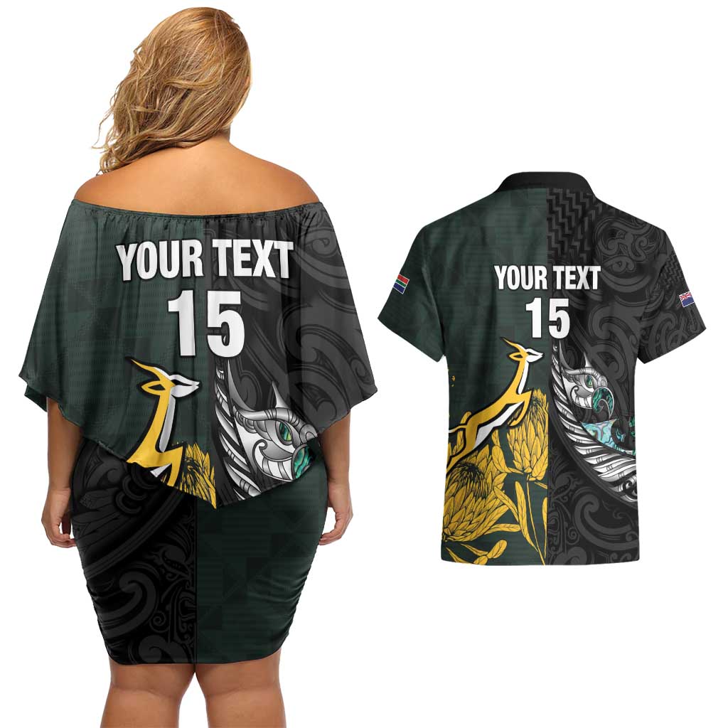New Zealand and South Africa Rugby Custom Couples Matching Off Shoulder Short Dress and Hawaiian Shirt Silver Fern With Springboks
