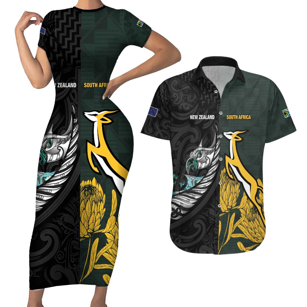 New Zealand and South Africa Rugby Custom Couples Matching Short Sleeve Bodycon Dress and Hawaiian Shirt Silver Fern With Springboks