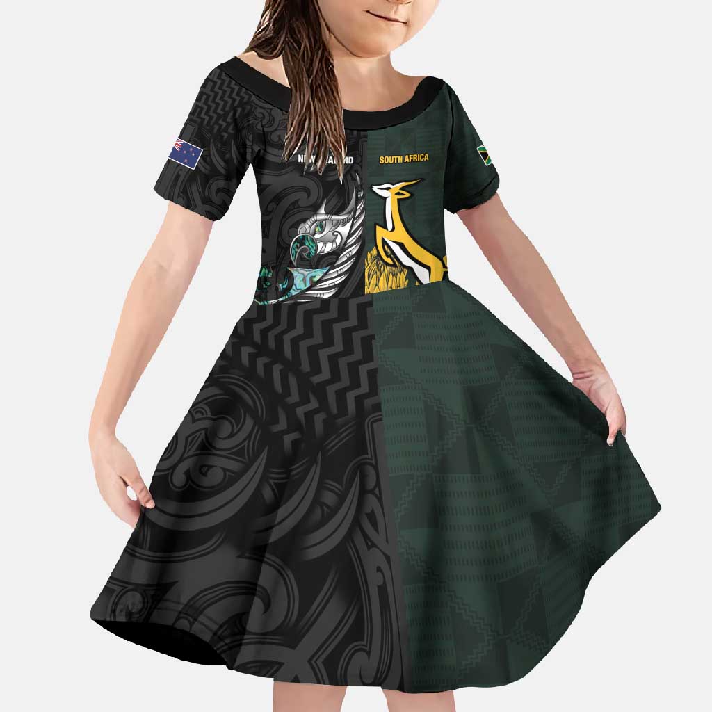New Zealand and South Africa Rugby Custom Family Matching Long Sleeve Bodycon Dress and Hawaiian Shirt Silver Fern With Springboks