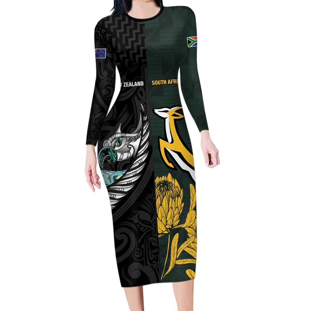 New Zealand and South Africa Rugby Custom Family Matching Long Sleeve Bodycon Dress and Hawaiian Shirt Silver Fern With Springboks