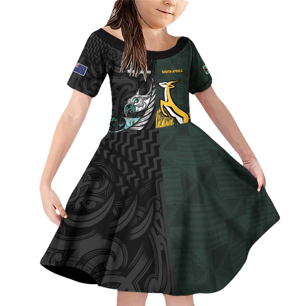 New Zealand and South Africa Rugby Custom Family Matching Off Shoulder Short Dress and Hawaiian Shirt Silver Fern With Springboks