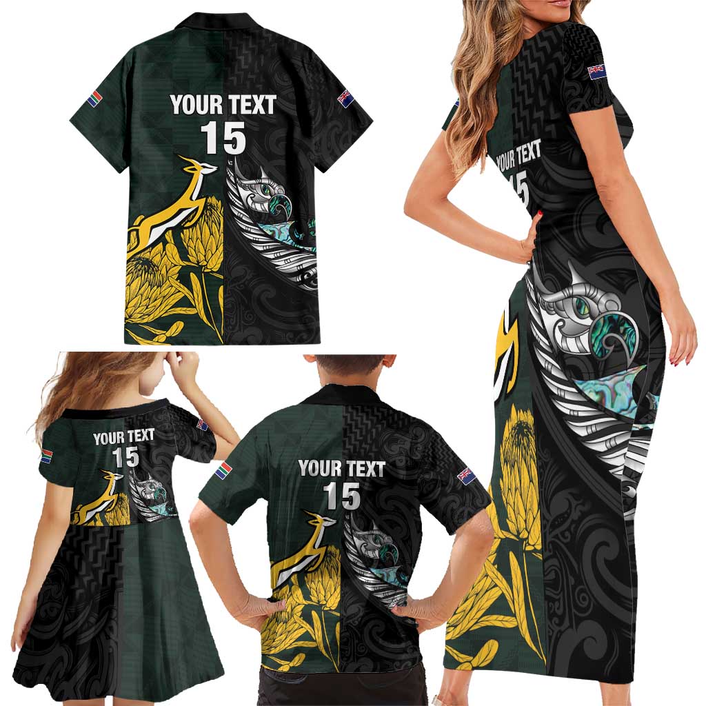 New Zealand and South Africa Rugby Custom Family Matching Short Sleeve Bodycon Dress and Hawaiian Shirt Silver Fern With Springboks