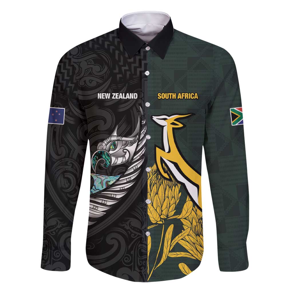 New Zealand and South Africa Rugby Custom Family Matching Short Sleeve Bodycon Dress and Hawaiian Shirt Silver Fern With Springboks