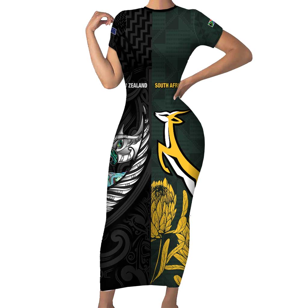 New Zealand and South Africa Rugby Custom Family Matching Short Sleeve Bodycon Dress and Hawaiian Shirt Silver Fern With Springboks