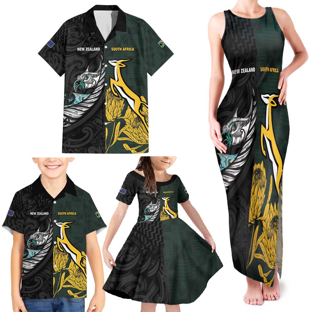 New Zealand and South Africa Rugby Custom Family Matching Tank Maxi Dress and Hawaiian Shirt Silver Fern With Springboks