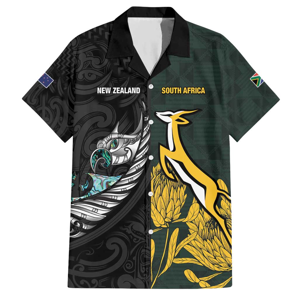 New Zealand and South Africa Rugby Custom Hawaiian Shirt Silver Fern With Springboks