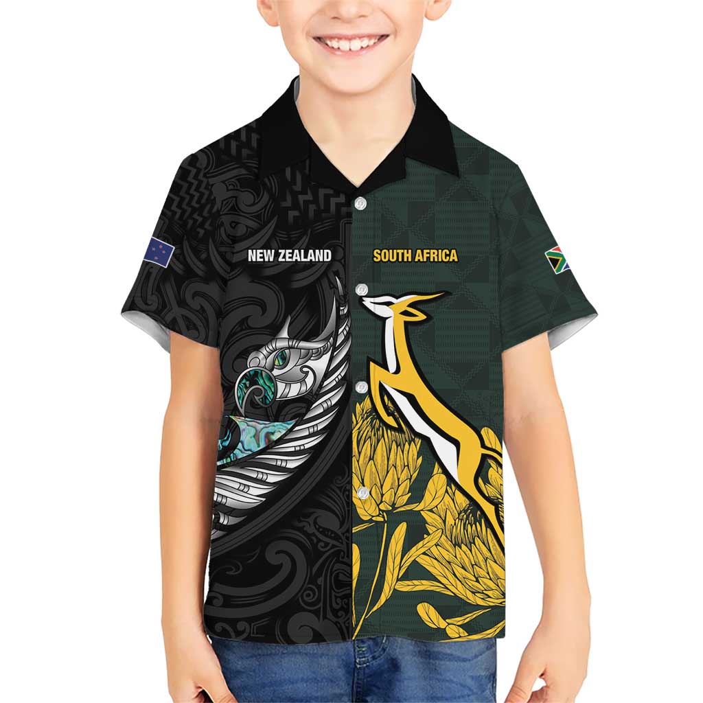New Zealand and South Africa Rugby Custom Hawaiian Shirt Silver Fern With Springboks