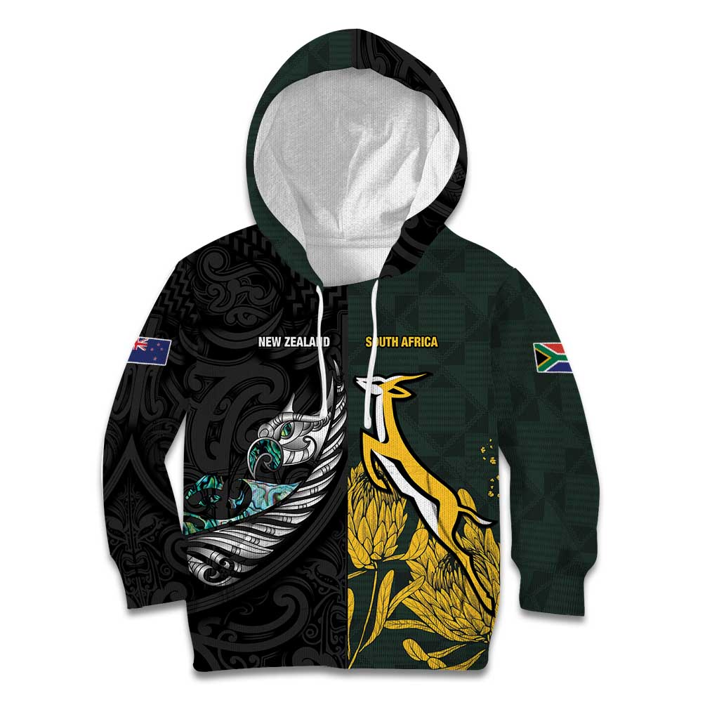 New Zealand and South Africa Rugby Custom Kid Hoodie Silver Fern With Springboks