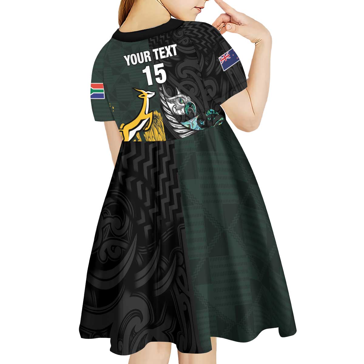 New Zealand and South Africa Rugby Custom Kid Short Sleeve Dress Silver Fern With Springboks