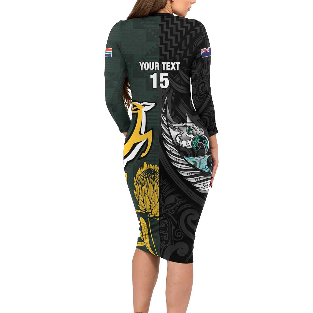 New Zealand and South Africa Rugby Custom Long Sleeve Bodycon Dress Silver Fern With Springboks