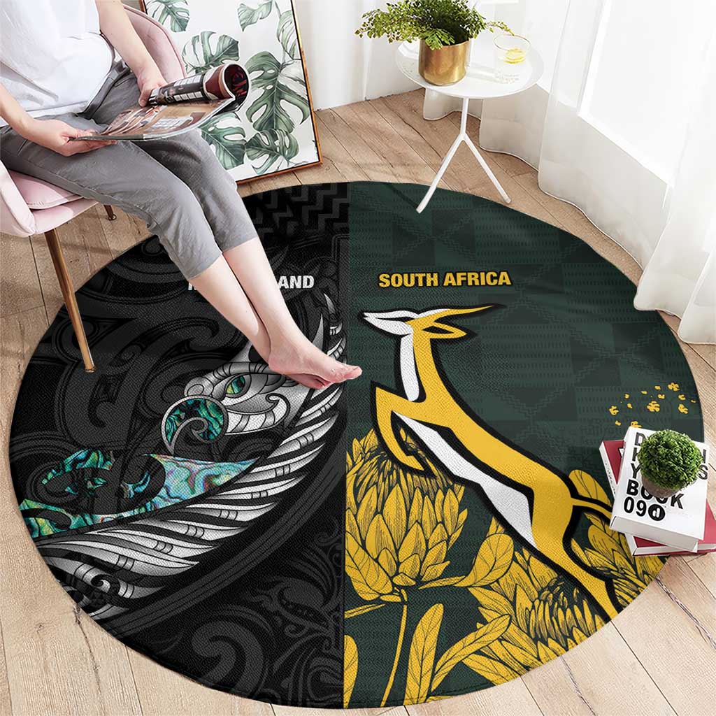 New Zealand and South Africa Rugby Round Carpet Silver Fern With Springboks