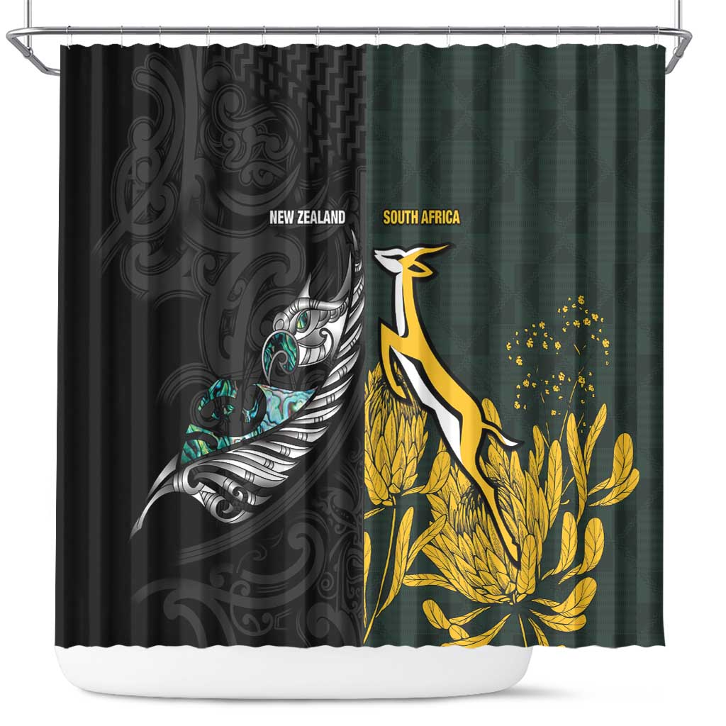 New Zealand and South Africa Rugby Shower Curtain Silver Fern With Springboks