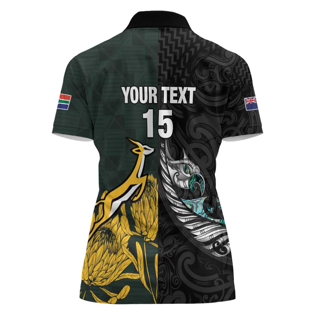 New Zealand and South Africa Rugby Custom Women Polo Shirt Silver Fern With Springboks