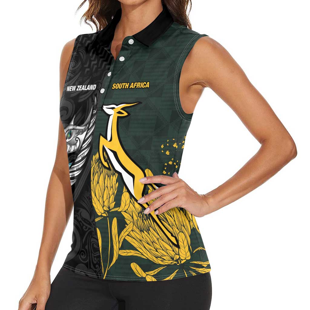 New Zealand and South Africa Rugby Custom Women Sleeveless Polo Shirt Silver Fern With Springboks