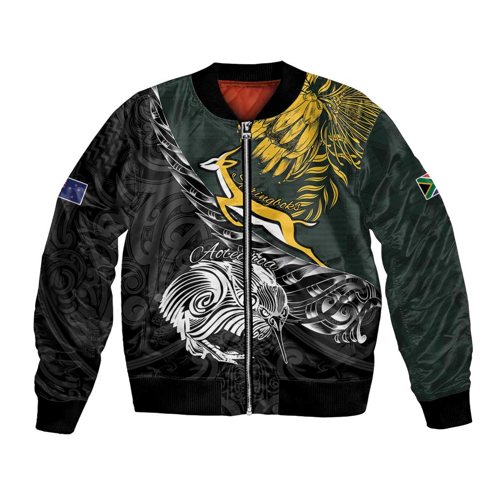 New Zealand and South Africa Rugby Personalised Bomber Jacket Maori Kiwi With Springboks