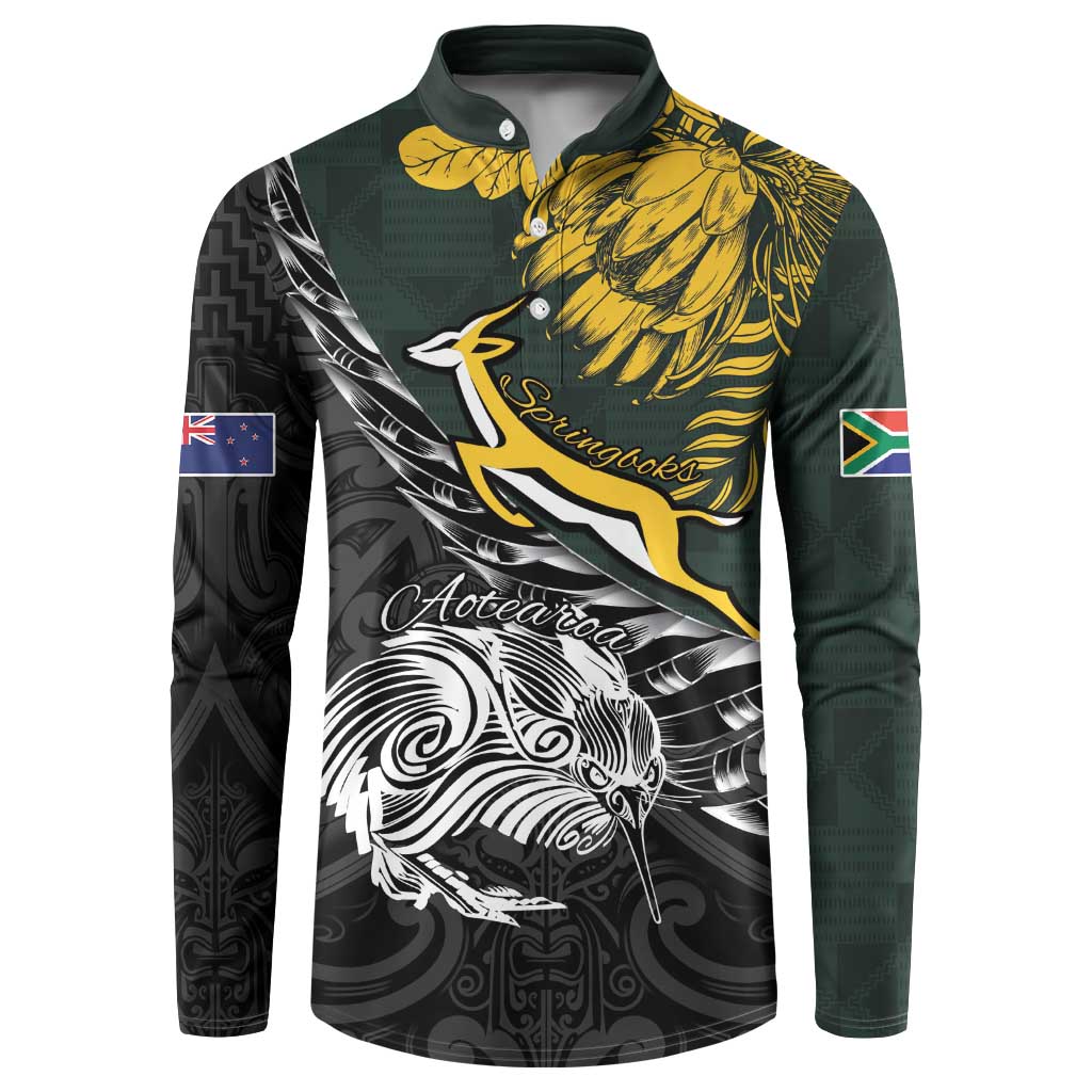 New Zealand and South Africa Rugby Personalised Button Sweatshirt Maori Kiwi With Springboks