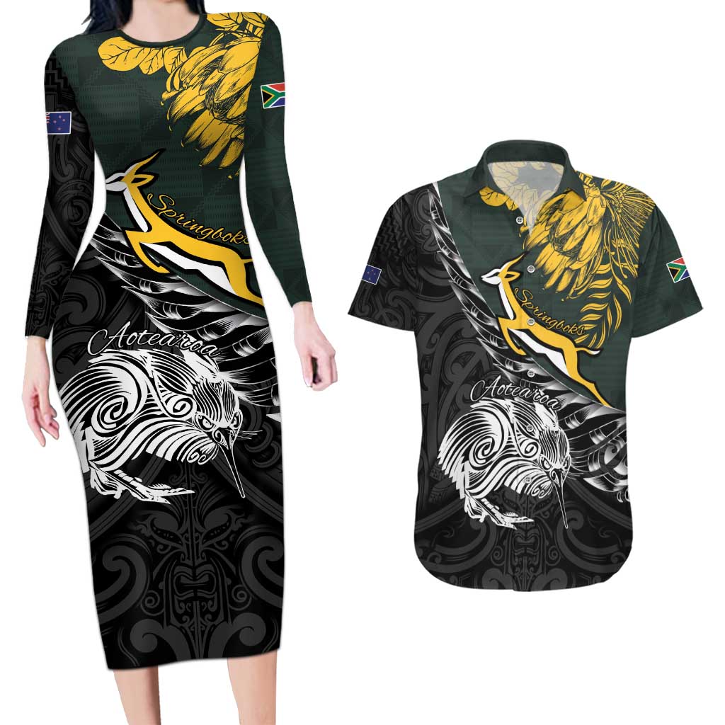 New Zealand and South Africa Rugby Personalised Couples Matching Long Sleeve Bodycon Dress and Hawaiian Shirt Maori Kiwi With Springboks