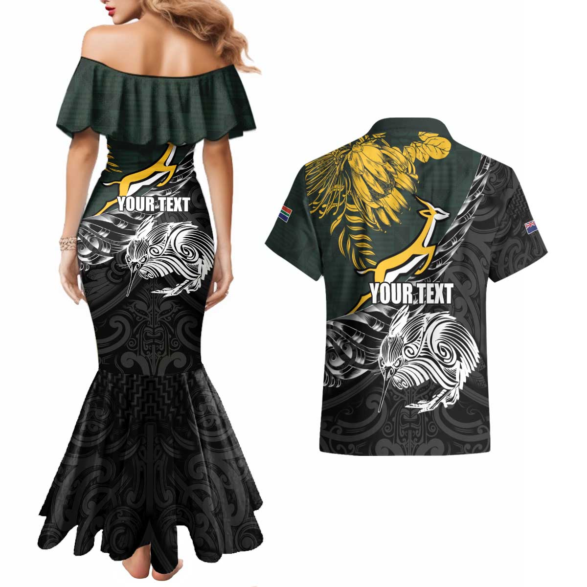 New Zealand and South Africa Rugby Personalised Couples Matching Mermaid Dress and Hawaiian Shirt Maori Kiwi With Springboks