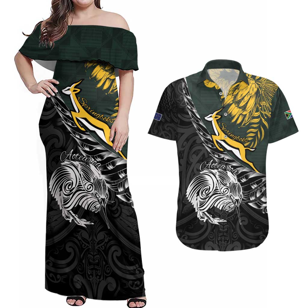 New Zealand and South Africa Rugby Personalised Couples Matching Off Shoulder Maxi Dress and Hawaiian Shirt Maori Kiwi With Springboks
