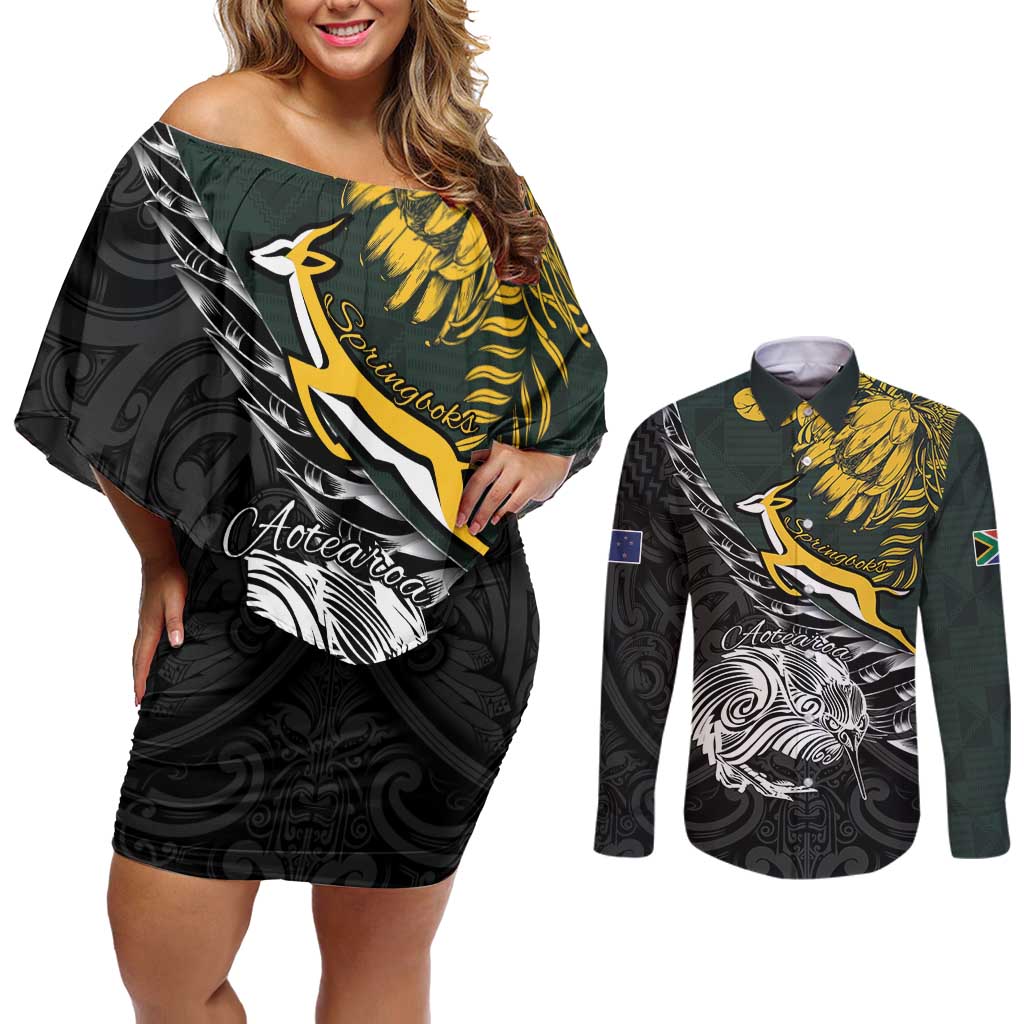 New Zealand and South Africa Rugby Personalised Couples Matching Off Shoulder Short Dress and Long Sleeve Button Shirt Maori Kiwi With Springboks