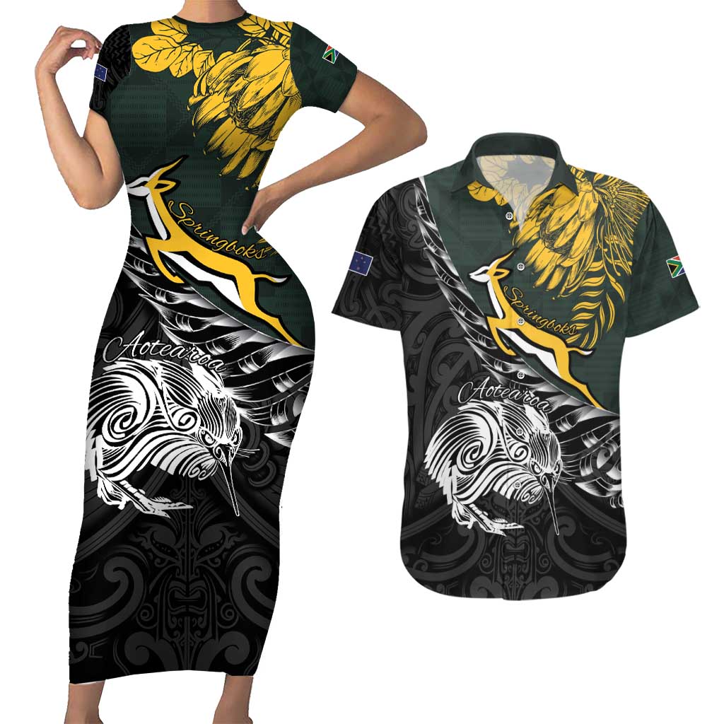 New Zealand and South Africa Rugby Personalised Couples Matching Short Sleeve Bodycon Dress and Hawaiian Shirt Maori Kiwi With Springboks