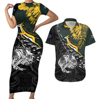 New Zealand and South Africa Rugby Personalised Couples Matching Short Sleeve Bodycon Dress and Hawaiian Shirt Maori Kiwi With Springboks