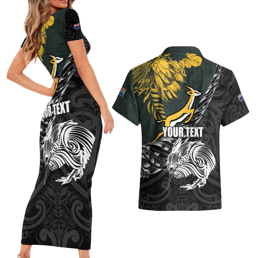 New Zealand and South Africa Rugby Personalised Couples Matching Short Sleeve Bodycon Dress and Hawaiian Shirt Maori Kiwi With Springboks