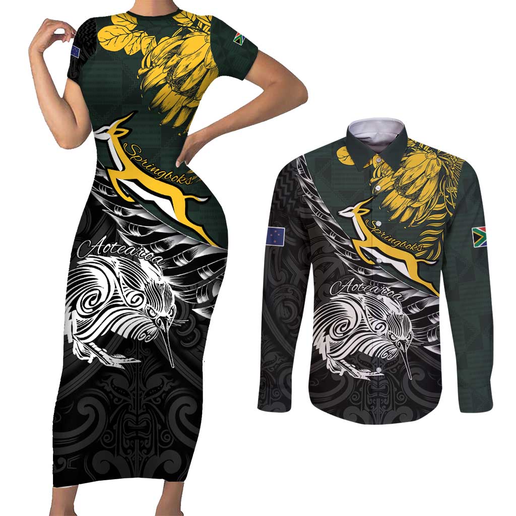 New Zealand and South Africa Rugby Personalised Couples Matching Short Sleeve Bodycon Dress and Long Sleeve Button Shirt Maori Kiwi With Springboks