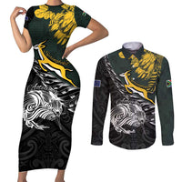 New Zealand and South Africa Rugby Personalised Couples Matching Short Sleeve Bodycon Dress and Long Sleeve Button Shirt Maori Kiwi With Springboks