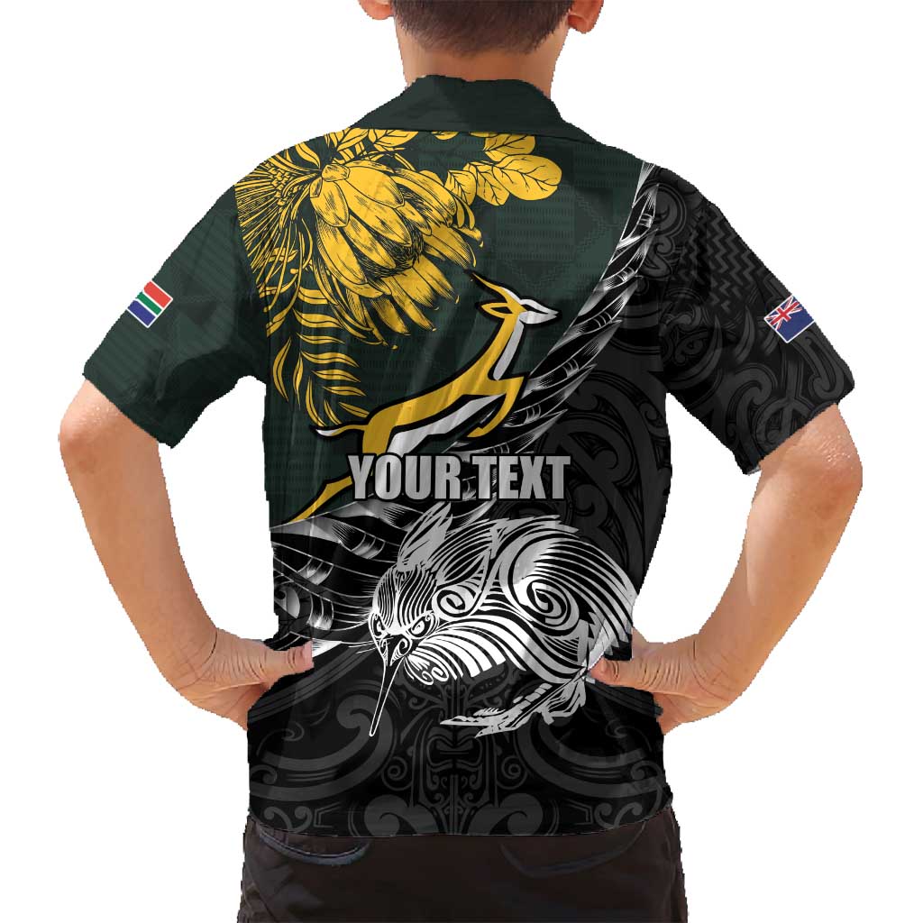 New Zealand and South Africa Rugby Personalised Family Matching Long Sleeve Bodycon Dress and Hawaiian Shirt Maori Kiwi With Springboks