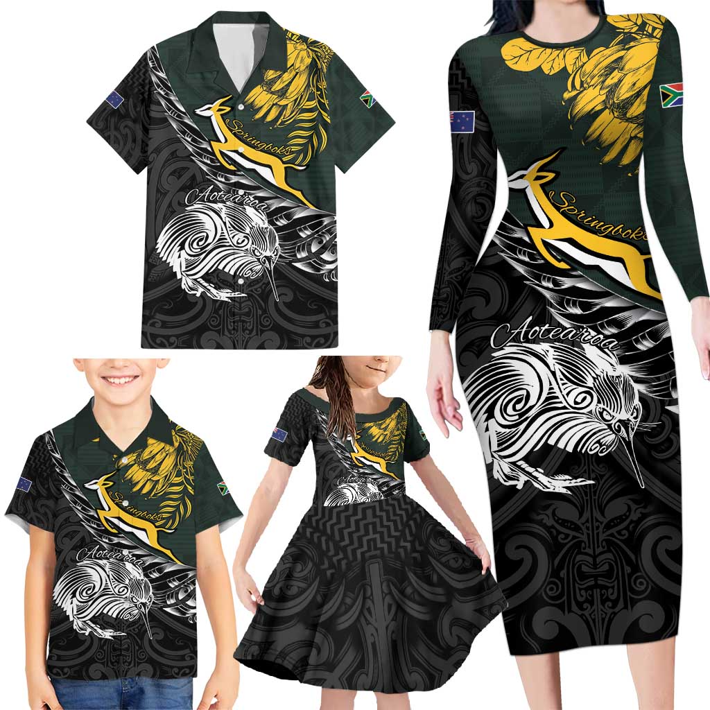 New Zealand and South Africa Rugby Personalised Family Matching Long Sleeve Bodycon Dress and Hawaiian Shirt Maori Kiwi With Springboks