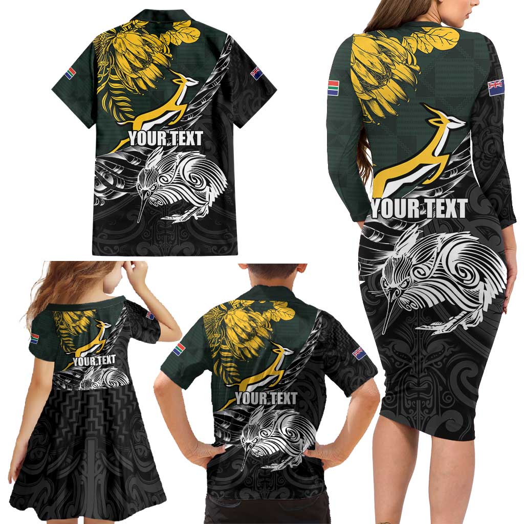 New Zealand and South Africa Rugby Personalised Family Matching Long Sleeve Bodycon Dress and Hawaiian Shirt Maori Kiwi With Springboks