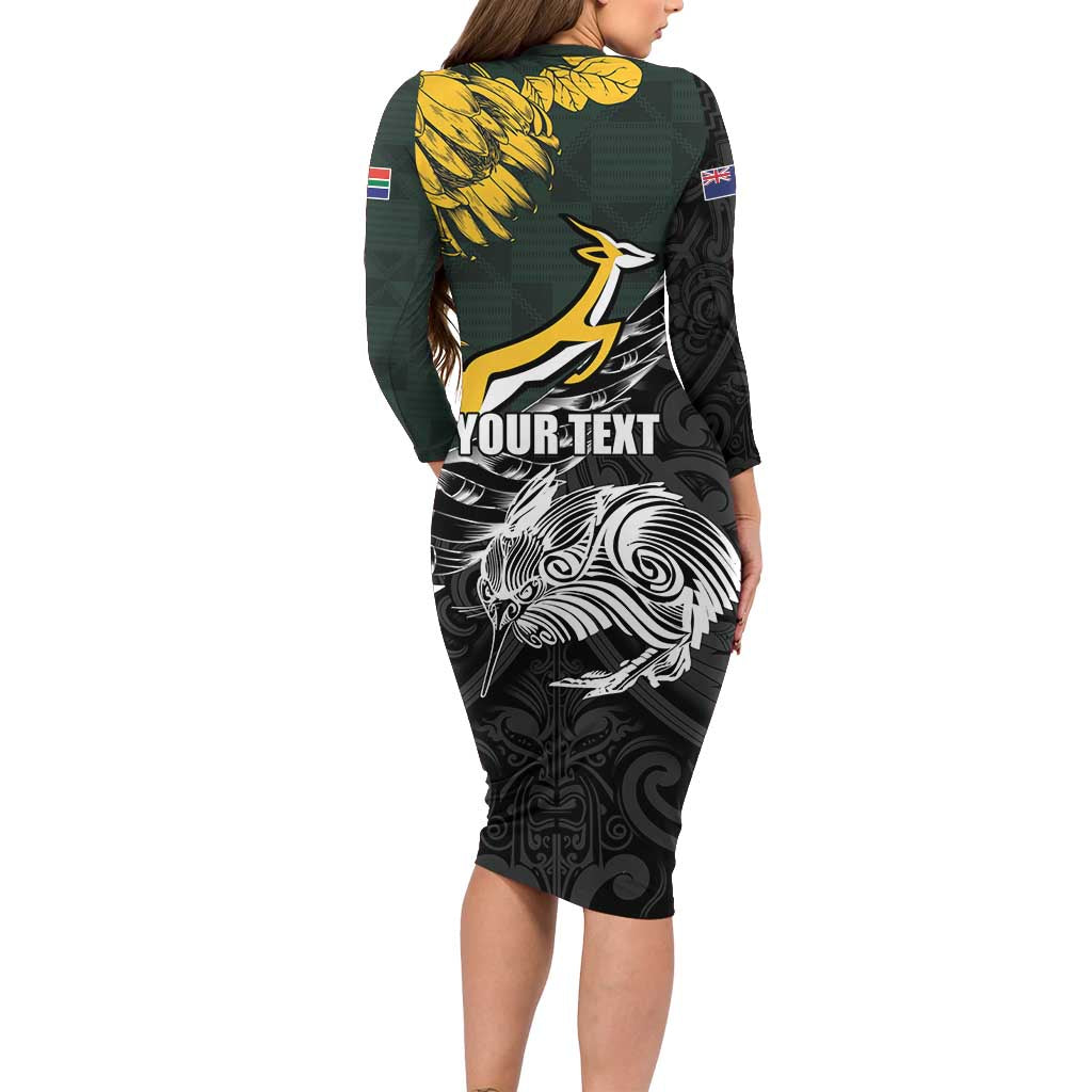 New Zealand and South Africa Rugby Personalised Family Matching Long Sleeve Bodycon Dress and Hawaiian Shirt Maori Kiwi With Springboks