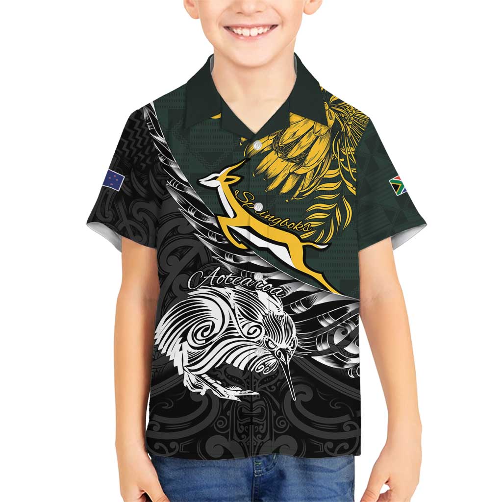 New Zealand and South Africa Rugby Personalised Family Matching Long Sleeve Bodycon Dress and Hawaiian Shirt Maori Kiwi With Springboks