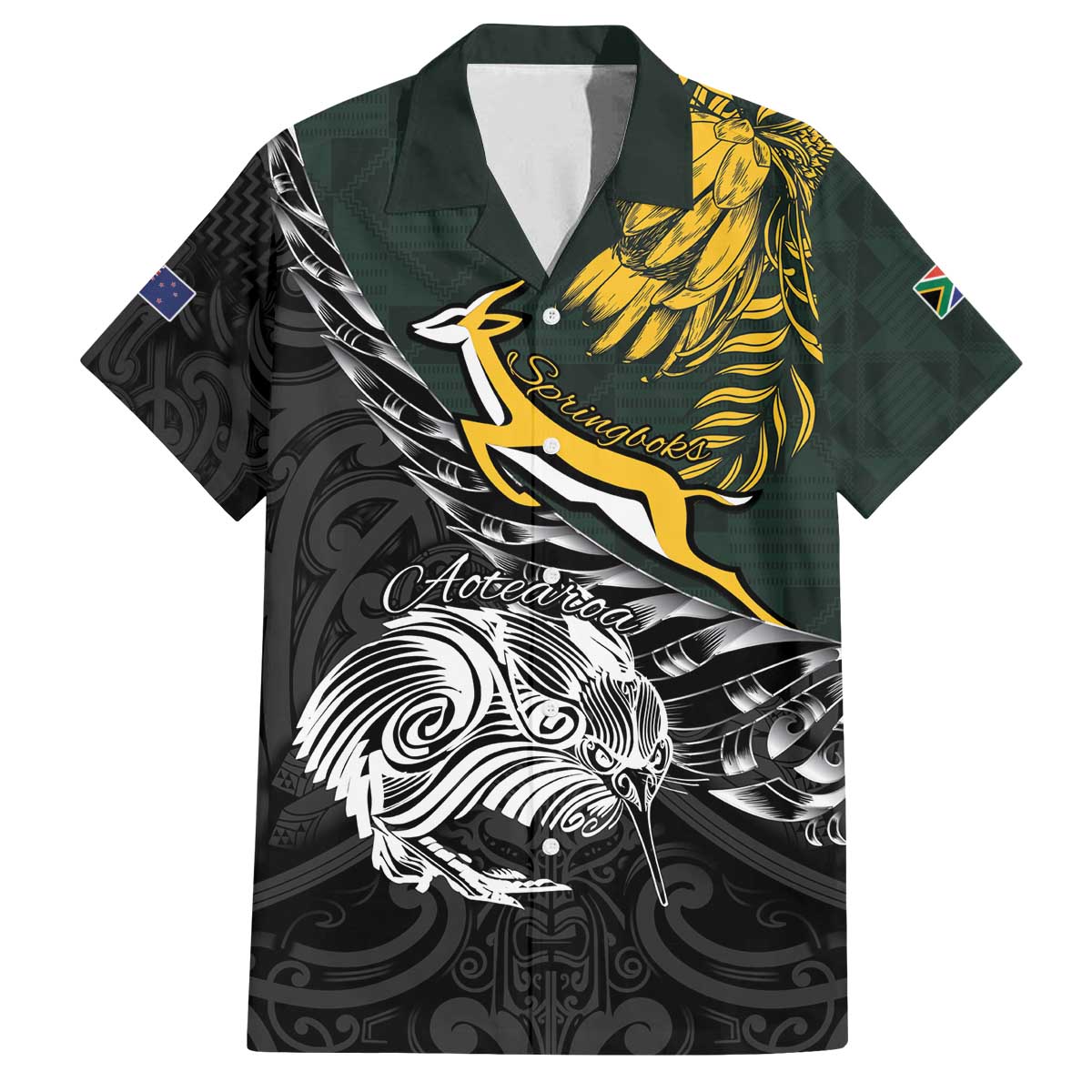 New Zealand and South Africa Rugby Personalised Family Matching Off The Shoulder Long Sleeve Dress and Hawaiian Shirt Maori Kiwi With Springboks
