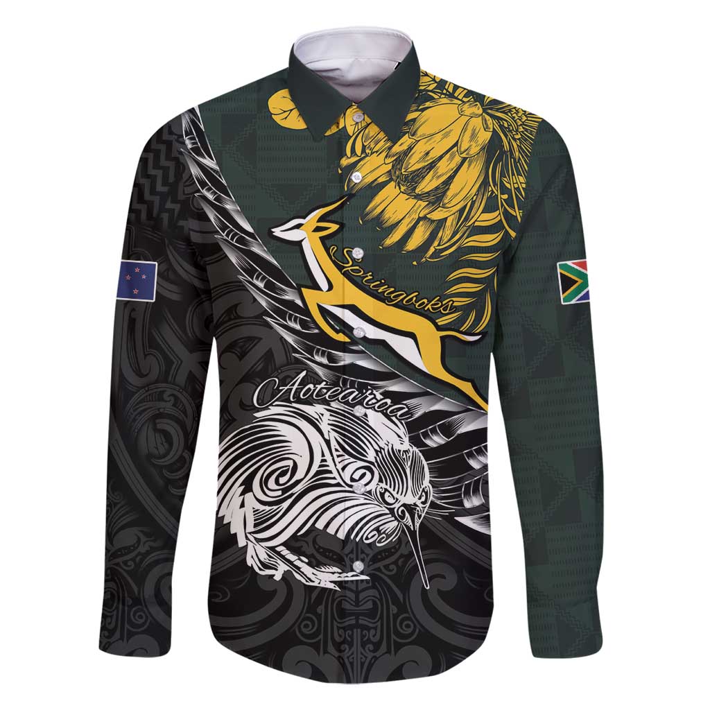 New Zealand and South Africa Rugby Personalised Family Matching Off Shoulder Maxi Dress and Hawaiian Shirt Maori Kiwi With Springboks