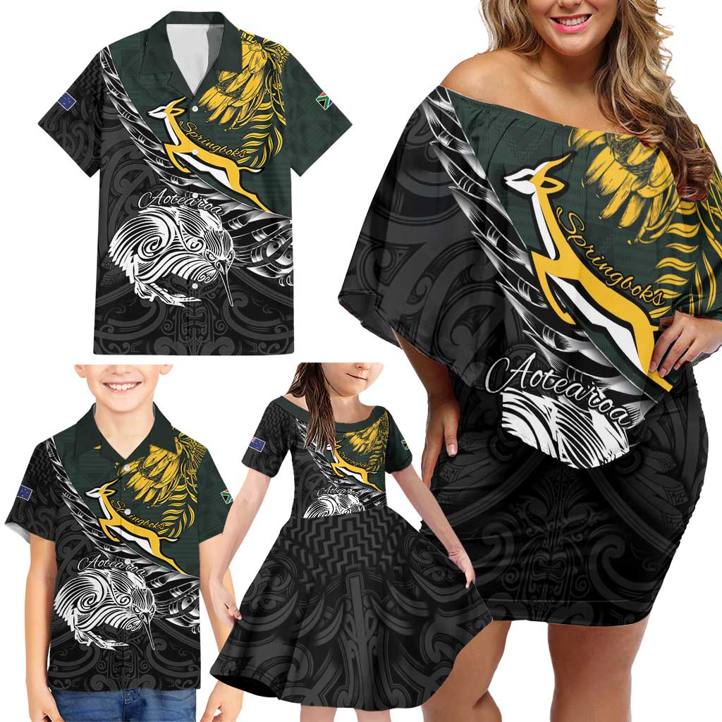 New Zealand and South Africa Rugby Personalised Family Matching Off Shoulder Short Dress and Hawaiian Shirt Maori Kiwi With Springboks