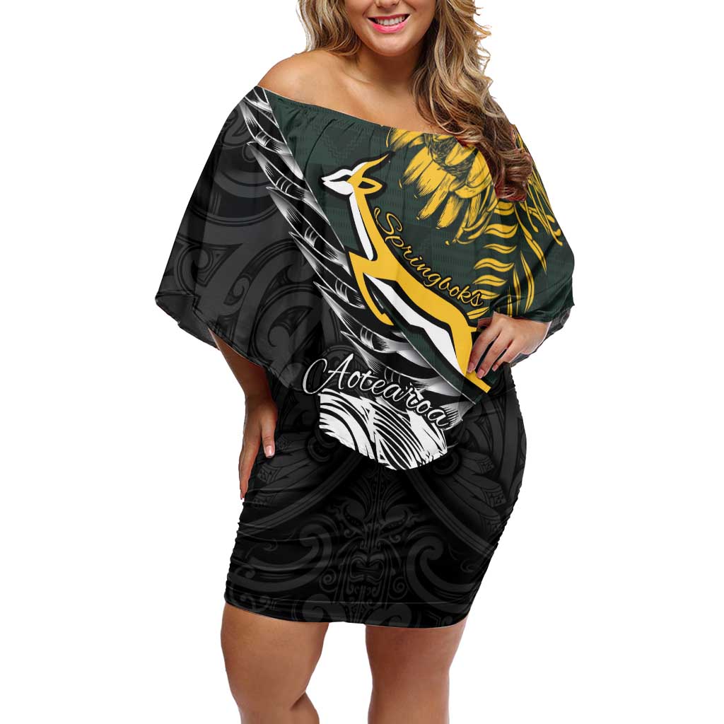 New Zealand and South Africa Rugby Personalised Family Matching Off Shoulder Short Dress and Hawaiian Shirt Maori Kiwi With Springboks