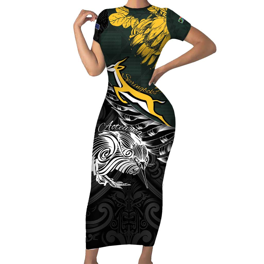 New Zealand and South Africa Rugby Personalised Family Matching Short Sleeve Bodycon Dress and Hawaiian Shirt Maori Kiwi With Springboks