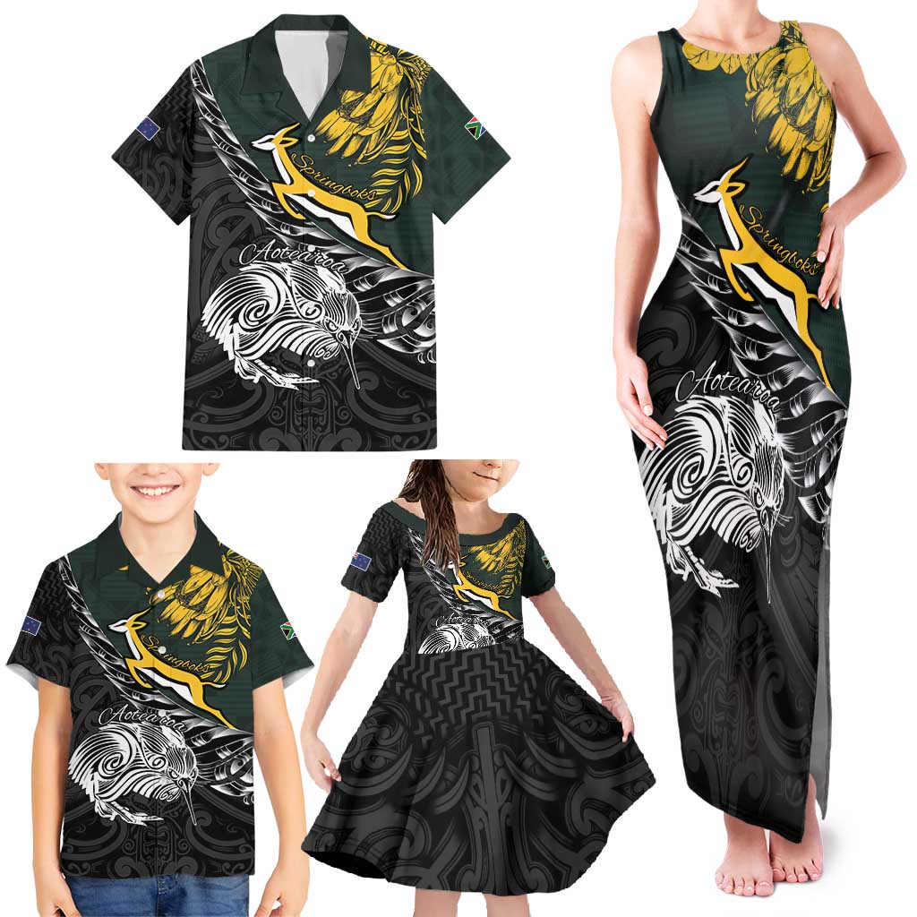 New Zealand and South Africa Rugby Personalised Family Matching Tank Maxi Dress and Hawaiian Shirt Maori Kiwi With Springboks