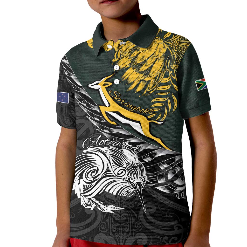 New Zealand and South Africa Rugby Personalised Kid Polo Shirt Maori Kiwi With Springboks