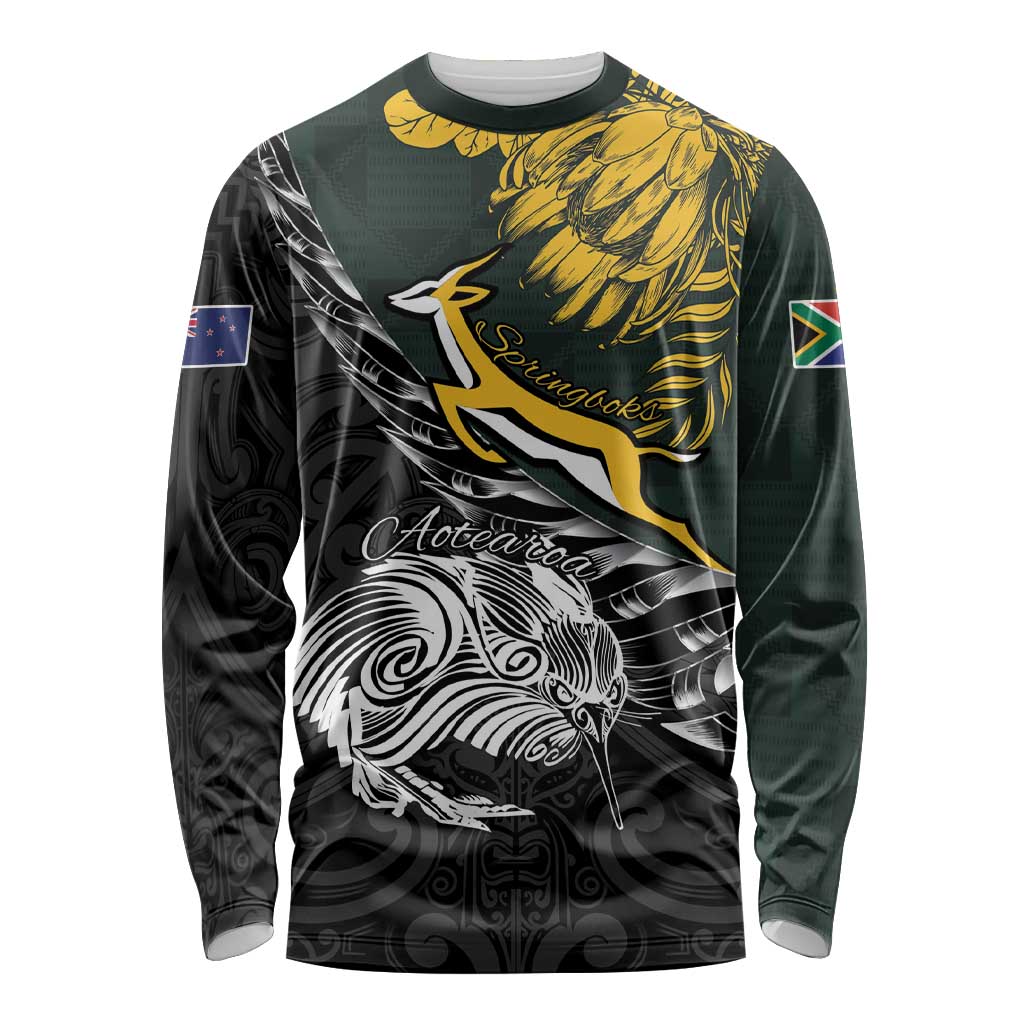 New Zealand and South Africa Rugby Personalised Long Sleeve Shirt Maori Kiwi With Springboks