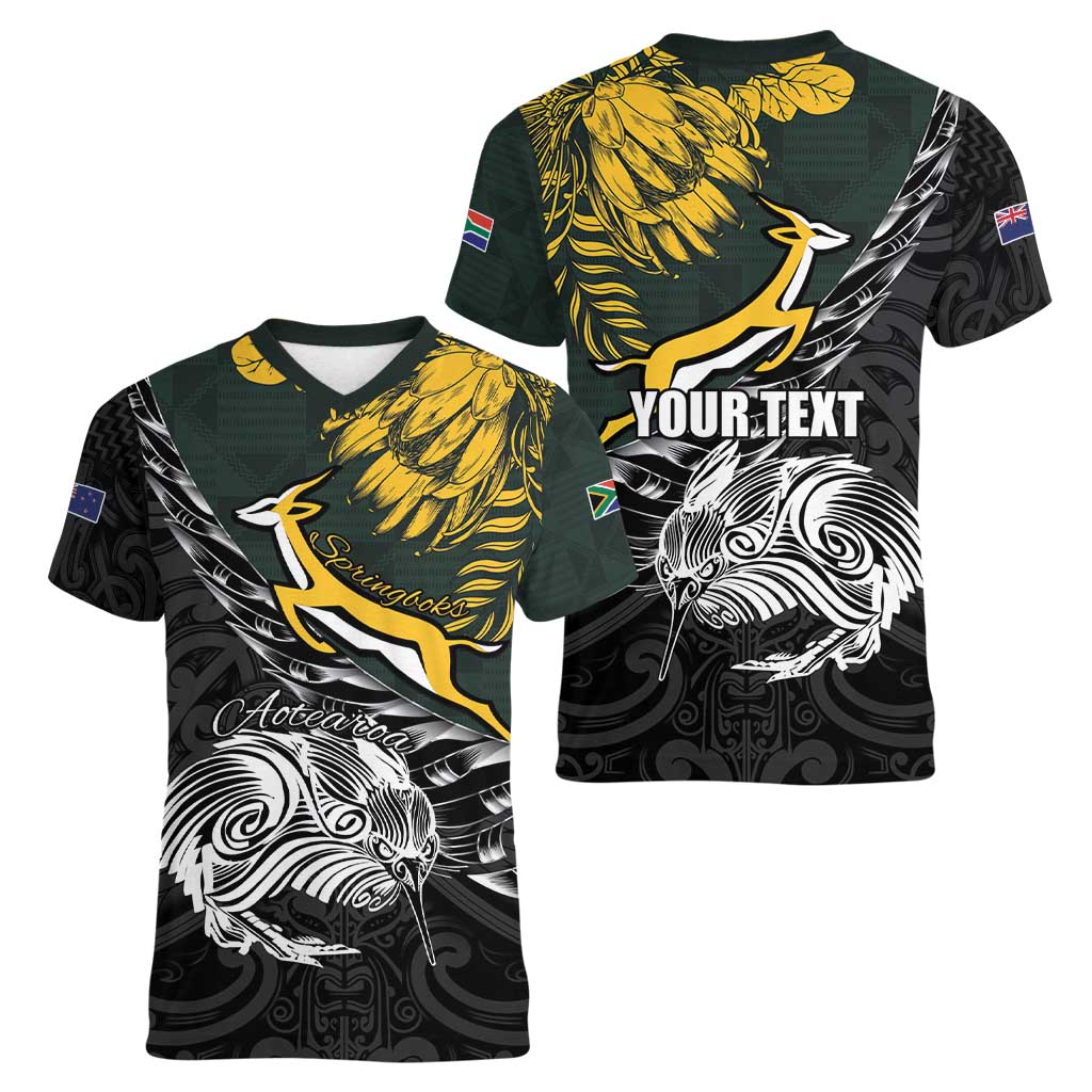 New Zealand and South Africa Rugby Personalised Women V-Neck T-Shirt Maori Kiwi With Springboks