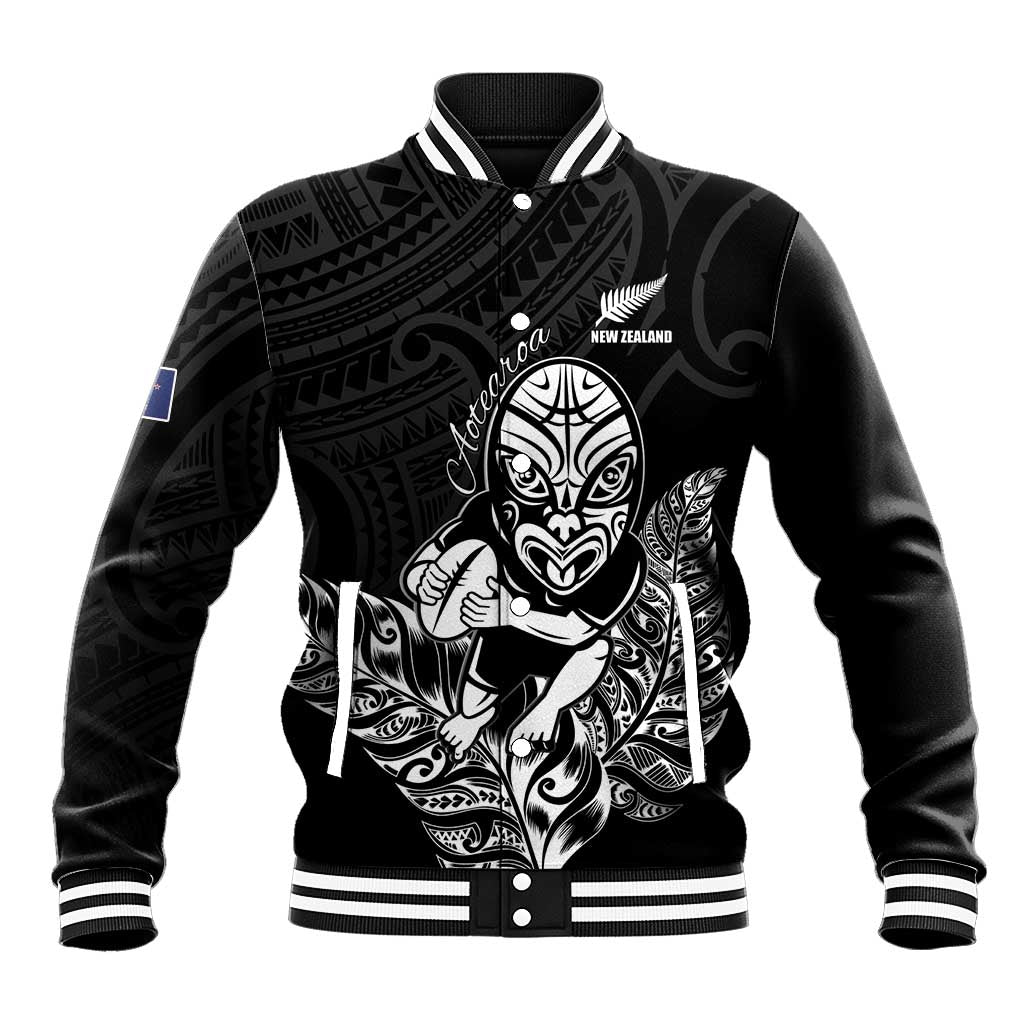 New Zealand Silver Fern Rugby Custom Baseball Jacket Maori Tiki Black Version