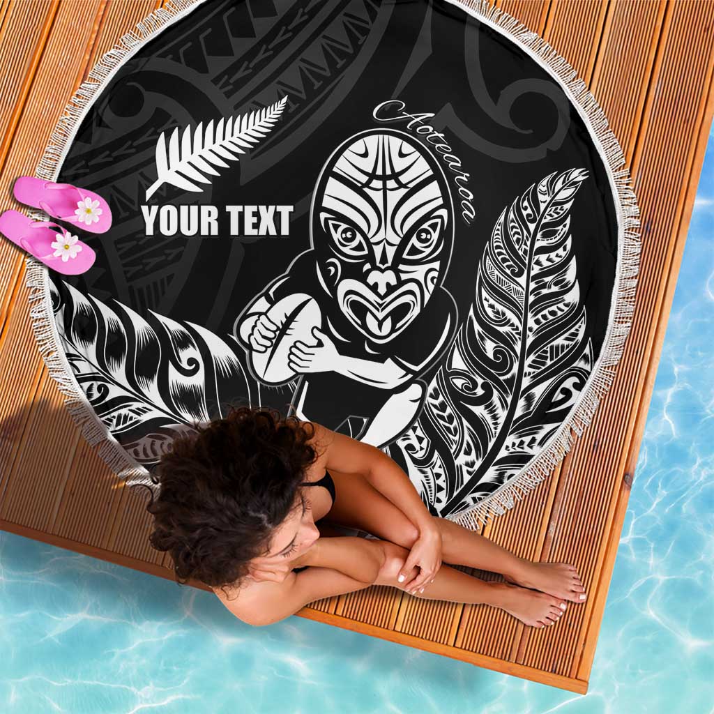 New Zealand Silver Fern Rugby Custom Beach Blanket Maori Tiki Black Version