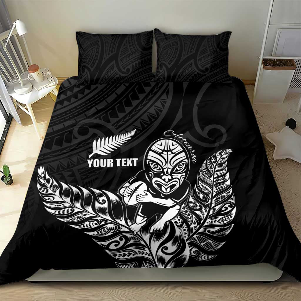 New Zealand Silver Fern Rugby Custom Bedding Set Maori Tiki Black Version